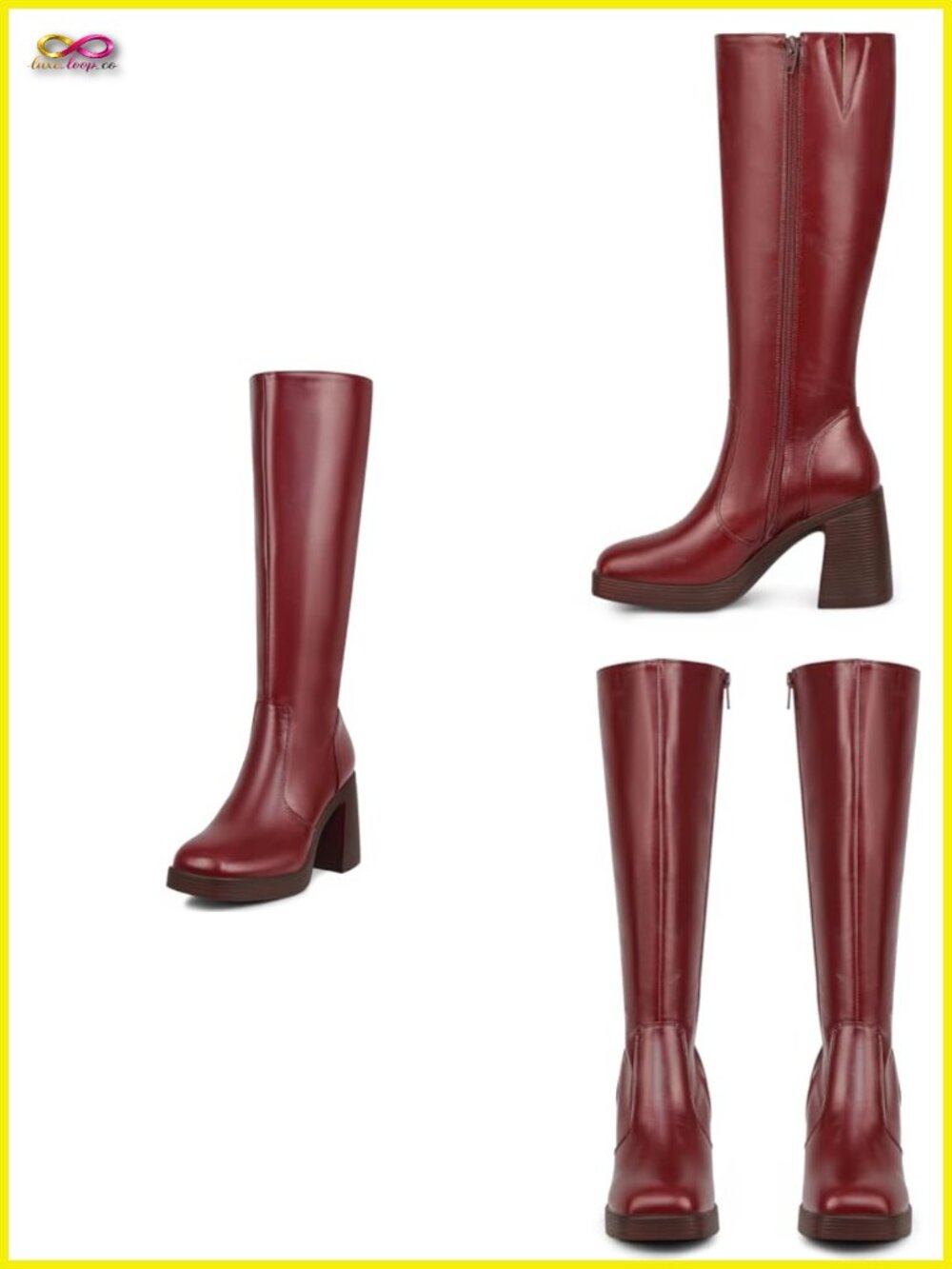 Vegan Leather Platform Boots Square Toe Chunky Block Heeled Side Zip